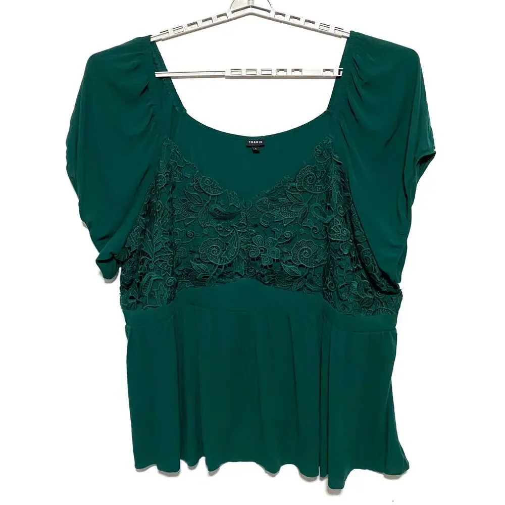 Torrid Crinkle Gauze Lace Puff Short Sleeve Blouse 6X Babydoll Casual Goblincore - Picture 1 of 4